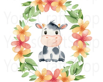 Cute Baby Cow With Wreath Farm Animal Print For Nursery Or Wall Décor - 8.5x11 - Farm Animals - PNG Download - Printable