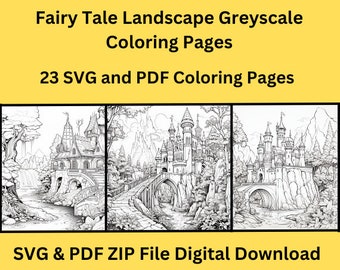 23 Fairy Tale Landscape Greyscale Coloring Pages For Adults, Printable, Instant Download, SVG, PDF, Coloring Pages, Coloring Book.