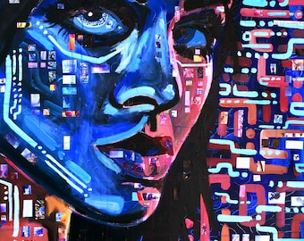 May include: Abstract painting of a woman's face with a blue and pink color scheme. The face is surrounded by a pattern of blue and pink lines and squares. The painting is a mix of digital and traditional art.