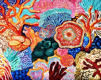 Bloom (coral reef wall art, beach house decor, undersea painting)