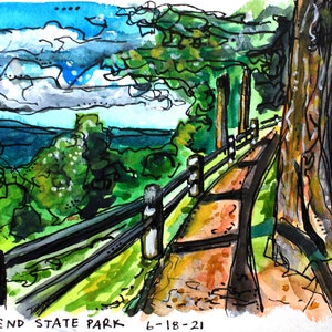 May include: A watercolor painting of a path through a forest with a wooden fence on the left side. The path leads to a view of a body of water in the distance. The painting is titled "Worlds End State Park 6-18-21".