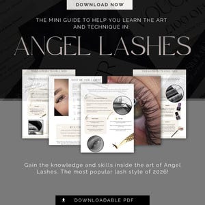 Może przedstawiać: Do pobrania przewodnik PDF zatytułowany "Angel Lashes" ze szczegółowymi instrukcjami i ilustracjami. Przewodnik obejmuje techniki i narzędzia do aplikacji rzęs, z tekstem "Pobierz teraz" i "PDF do pobrania".