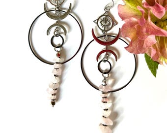 CrystalRose circle moon crescent evil eye silver tone dangle earrings