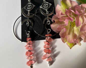 Crystal cherry Quartz Dangle Earrings, Silver Eye Symbol, Crescent Moon Design