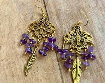 Crystal Amethyst gold tone chandelier earrings crystal purple stone healing