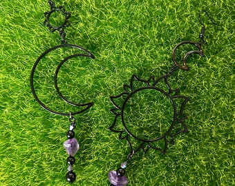 Amethyst Crystal Sun and Moon Mismatch Earrings, Black Celestial Jewelry