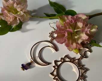 Earrings long Amethyst sun moon gold tone dangle symbol earrings life circle