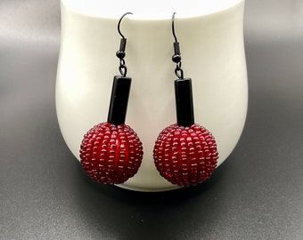 Earrings Raspberry Beaded Black Agate Barrel, Statement Jewelry