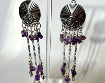 Crystal Earrings  Amethyst long dangle earring silver tone and with second piercing matching set