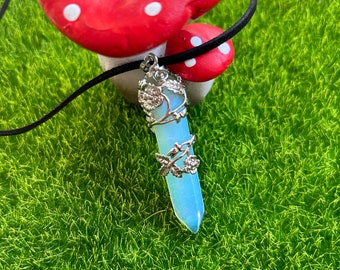 Crystal Opalite in rambling rose clasp / leather necklace Opal and moonstone October birthstone.