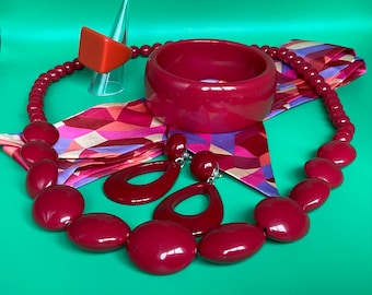 1960s Style Jewelry Set, Ruby Red Necklace, Bangle, Ring & Earrings