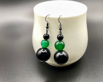 Jade and Black Agate Dangle Earrings, Beaded Statement Earrings