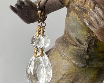 Repurposed Chandelier Crystal Earrings, Vintage Brass Fittings