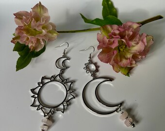 Crystal Sun Moon Rose Quartz Dangle Earrings, Asymmetrical Silver Tone Jewellery