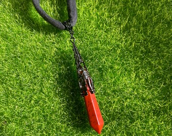Crystal Red Agate or Rose Quartz Pendant Necklace: Adjustable Black Cotton Choker