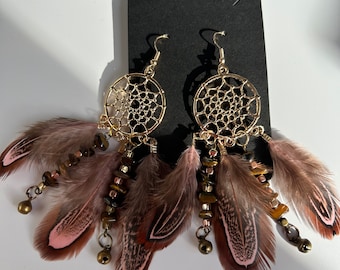 Crystal dreamcatcher Tiger Eye Feather protection bell earrings unique