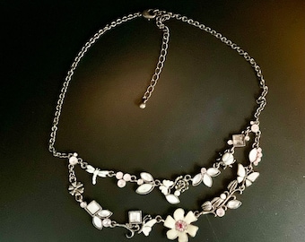 Flower necklace adored with nature leaves flowers butterfly dragonfly and lady bug bird. Enamel