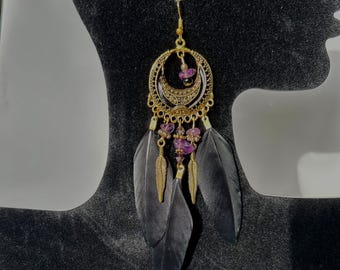 Dreamcatcher Amethyst crystalstyle black feather dangle drop earrings