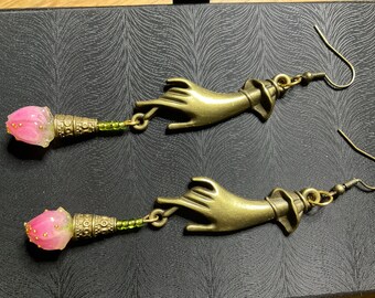 Pink rose hand and torch earrings romantic whimsical unusual