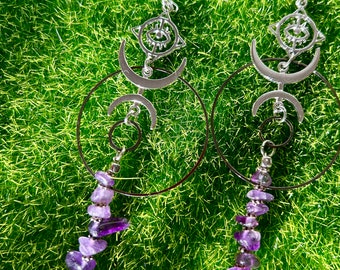 Crystal eye cresent  moon Amethyst Dangle Earrings, Silver tone