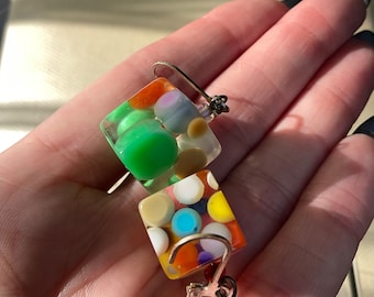 Pop Art Cube Dangle Earrings, Resin Injected Color, Sobral Style