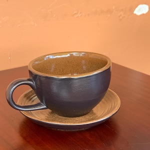 Black Ceramic Coffee Cup with Saucer, Rustic Espresso Mug, Handmade Style Pottery Cup, Minimalist Matte Coffee Mug, Modern Cafe Cup