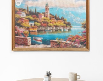 Pintura de diamante con paisaje toscano enmarcada de 71 cm/50 cm - Arte mural mediterráneo. Regalo para familia o boda. Tapiz de diamantes para colgar en el hogar.