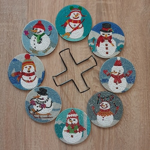 Set 8 Pcs Finished Diamond Painting Coasters with holder - Snowman Pattern. Handmade art cup coasters suitable for a gift or personal usage.