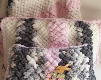 Chunky handmade cozy knit pillow in white,pink & grey-2 sizes.Super comfy,soft,fluffy cushion for cuddling.Wonderful gift for mother or baby