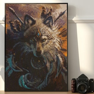 17&quot;/20&quot; Finished diamond painting.Framed sparkly tapestry-Wolf & Indian Dream Catcher-gift for man.Cool wall art for a bar,man cave,playroom