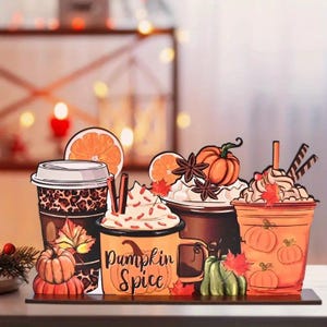 4pcs Charming Wooden Fall Decor-Coffee,Ice Cream Pumpkin Design-Perfect for Home,Party Ambiance Wooden Signs for Autumn Harvest Celebrations