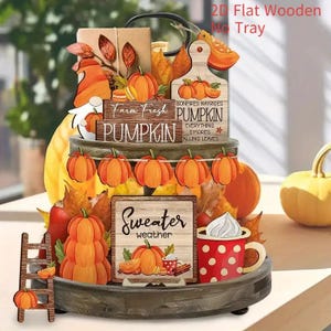 14pcs Vintage Wooden Thanksgiving Set-Gnome & Ice Cream Themed Layered Tray Decor Set with Pumpkin,Acorn,Leaf Accent for Autumn Celebrations