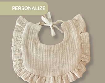 Personalised Ruffled Muslin Bib - 100% Organic Cotton Gauze - Custom Baby Bib - Personalized Baby Gift - Bib with Name - Embroidery