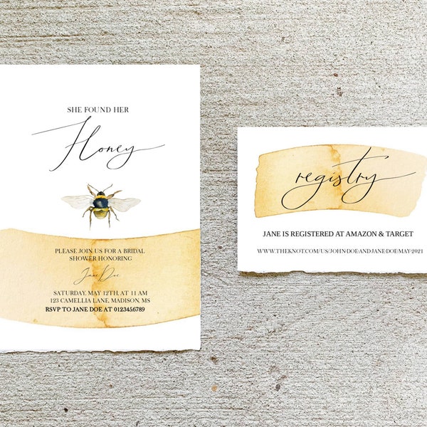 She Found Her Honey Bridal Shower Invitation, Printable Honey Bee Watercolor Invite, Editable Template, Instant Download