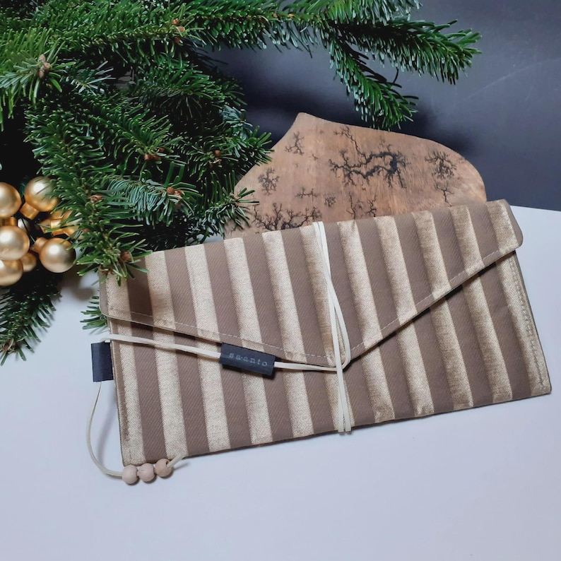 Gutscheinverpackung Stoff DIN lang | Geldgeschenk Kuvert Weihnachten | Wunsch-Design wählbar + Gratis Karte braun gold gestreift