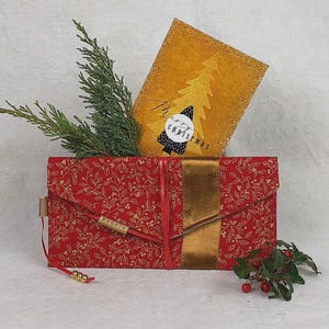 Gutscheinverpackung Stoff DIN lang | Geldgeschenk Kuvert Weihnachten | Wunsch-Design wählbar + Gratis Karte rot