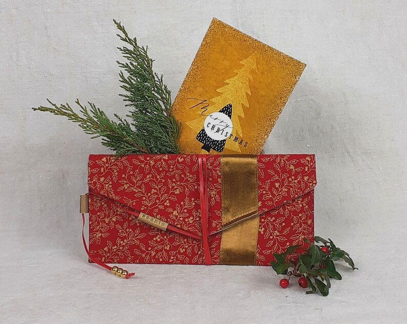 Gutscheinverpackung Stoff DIN lang | Geldgeschenk Kuvert Weihnachten | Wunsch-Design wählbar + Gratis Karte rot