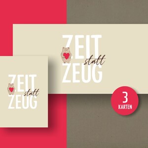 3 Karten "Zeit statt Zeug" optional mit Aufklebern