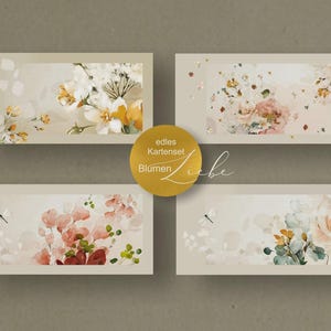 Op de afbeelding: Vier rechthoekige bloemenkaarten met aquarelontwerpen. Elke kaart heeft een andere bloemarrangement in zachte kleuren zoals wit, geel, roze en blauw. De kaarten zijn genummerd van 1 tot en met 4. Een gouden cirkel met tekst staat in het midden.