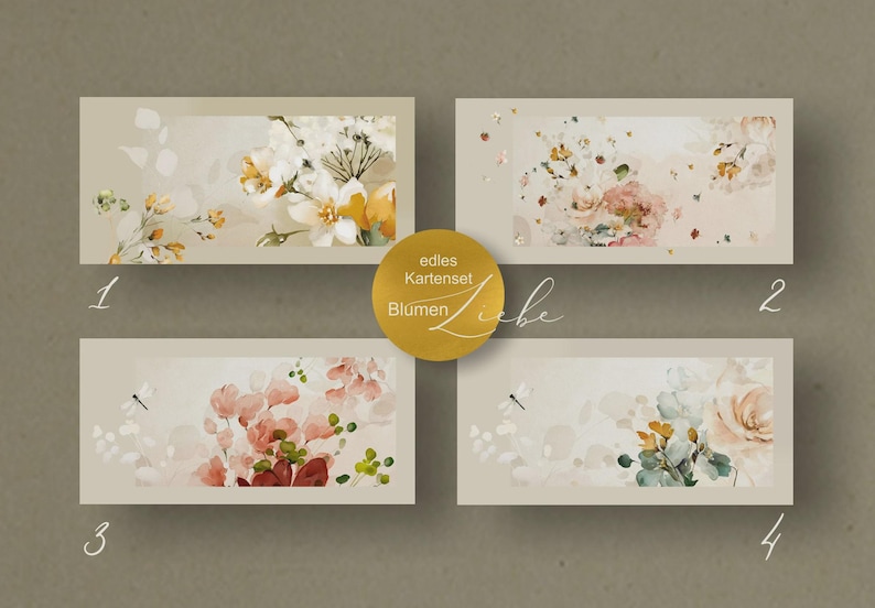 Op de afbeelding: Vier rechthoekige bloemenkaarten met aquarelontwerpen. Elke kaart heeft een andere bloemarrangement in zachte kleuren zoals wit, geel, roze en blauw. De kaarten zijn genummerd van 1 tot en met 4. Een gouden cirkel met tekst staat in het midden.