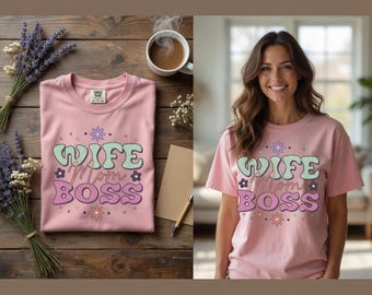 Camiseta retro con estampado de esposa, mamá y jefa / Colores cómodos. Regalo ideal para el Día de la Madre.