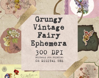 10 Grunge Vintage Flower Fairy Tags für Junk Journals, Scrapbooks und Bullet Journals, 300 DPI, druckbar