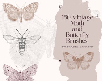 150 Vintage, Grungy Butterfly and Moth Stamps for Procreate with iPad