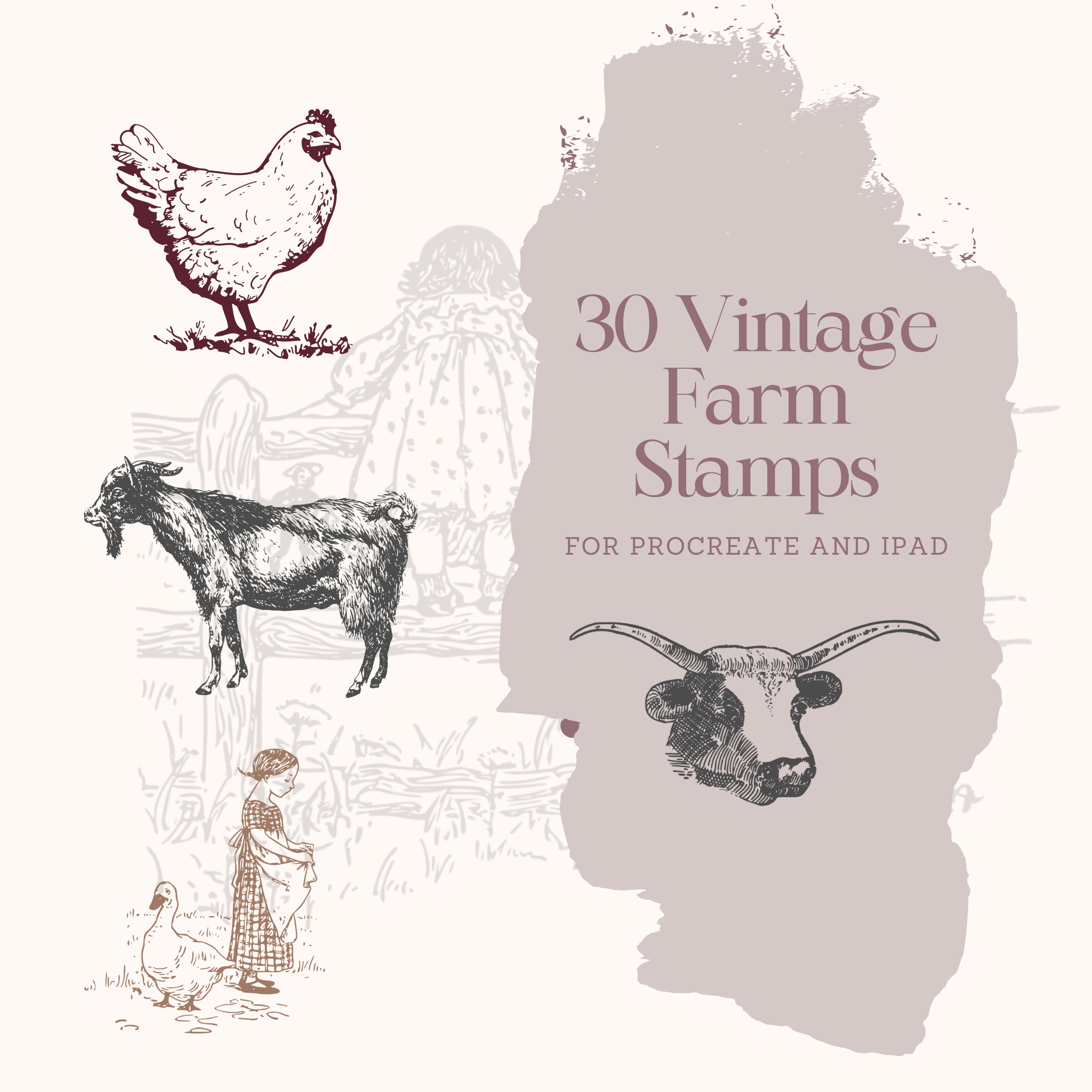30 Vintage Farm Stamps for iPad and Procreate | Vintage Barnyard Scenes Brushes for iPad and Procreate | Vintage Engraving Stamps