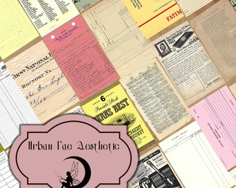 May include: A collage of vintage paper ephemera with a pink and white graphic of a fairy with a crescent moon. The text "Urban Fae Aesthetic" is written in a decorative font on the graphic. The collage includes various documents, receipts, and advertisements with text such as "First National Bank of Roanoke VA", "Ages 6 Years Private Stock Verns Best", "Fatima Cigarettes", and "Hand Out Only 20 New Enlargement Coupons Free".