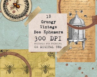 Vintage Grungy Bee Ephemera | Junk Journal und Scrapbooking Bienen Thema Ephemera | 300 DPI | Druckbare und digitale Dateien | Shabby Chic