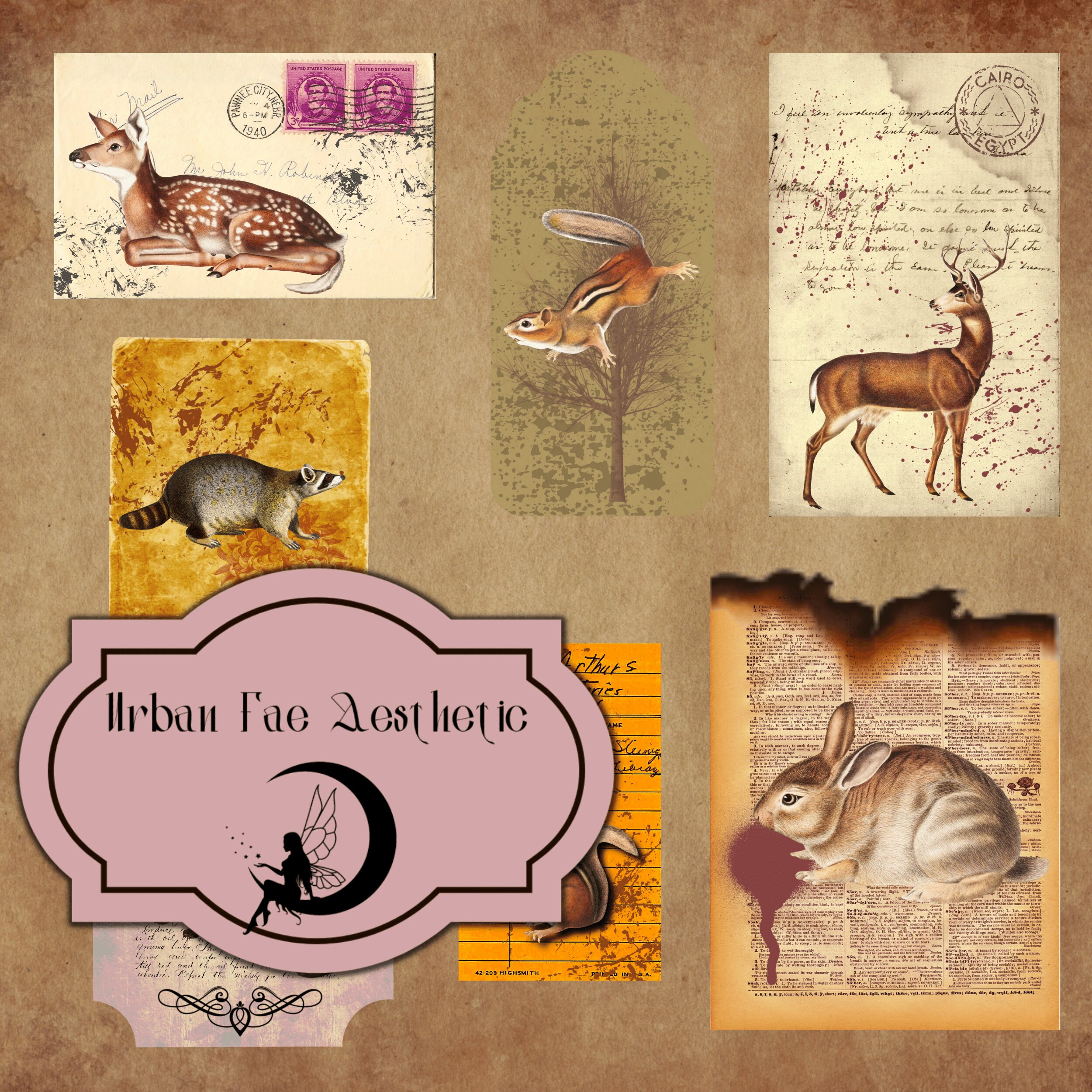 17 Shabby Chic Vintage Waldtier Ephemera für Scrapbooking, Junk Journals und Smashbooks | 300 DPI Geeignet für den Druck