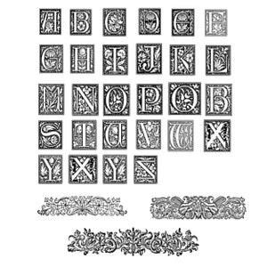 May include: Black and white illustration of a decorative alphabet with floral accents. The letters are in a square frame and are arranged in alphabetical order. There are also two decorative borders with floral designs.