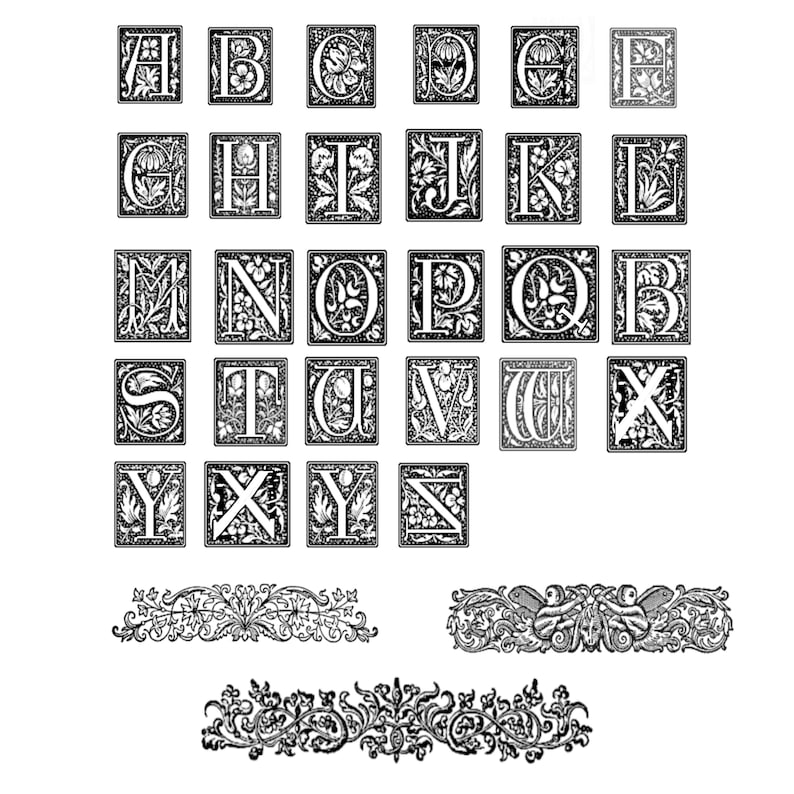 May include: Black and white illustration of a decorative alphabet with floral accents. The letters are in a square frame and are arranged in alphabetical order. There are also two decorative borders with floral designs.