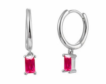 Silver Pink Diamond Drop Huggie Hoops | hot pink hoops | pink earring stack